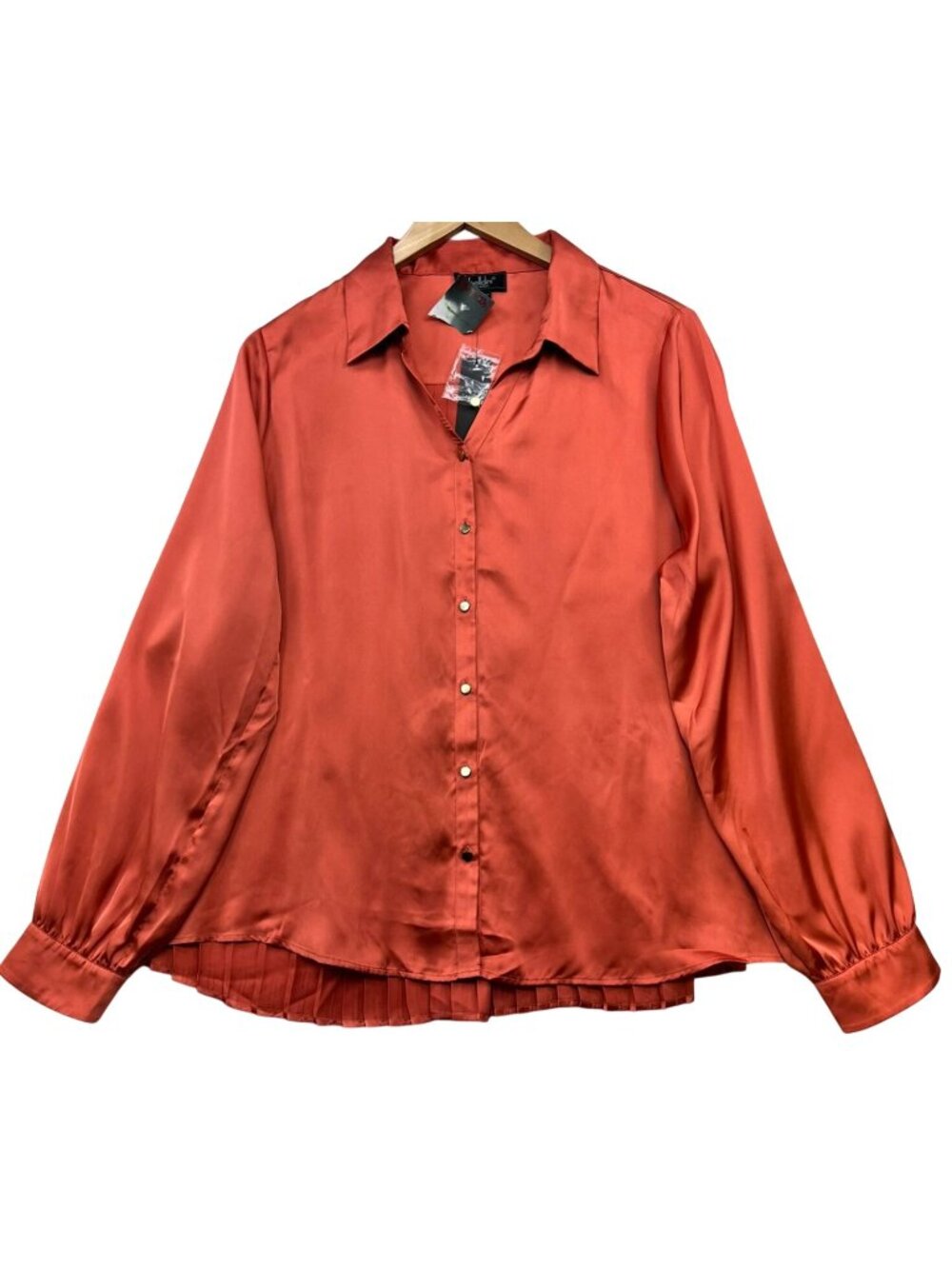 Belldini Women's Satin Pleated Button-Up Blouse Long Sleeve Size XL Ginger Spice